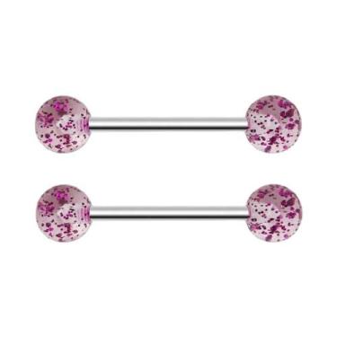 Imagem de Piercings De Língua E Mamilo Em Aço Cirúrgico Com Glitter Acrílico 14G