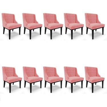 Imagem de Kit 10 Cadeiras Estofadas Para Sala De Jantar Base Fixa De Madeira Preto Lia Suede Rosê - Ibiza