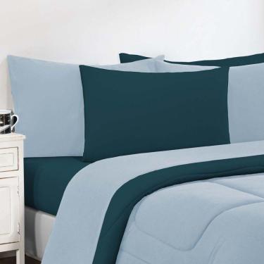 Imagem de Kit Edredom + Jogo De Lençol 100% Algodão Gran Moratta 7 Peças Casal Azul Bebê-azul Petróleo