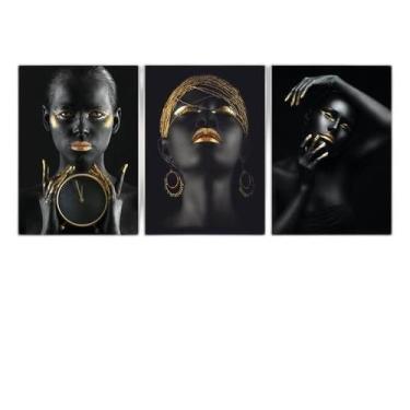 Imagem de Kit 3 Quadros Mulheres Preto Com Dourado 45X34Cm - Quadros On-Line