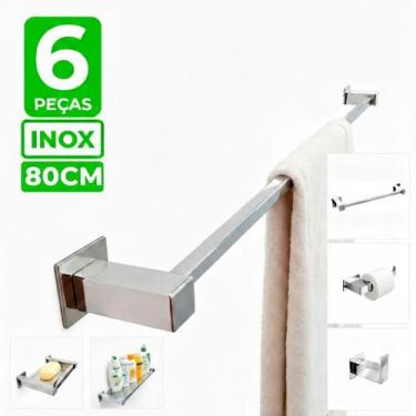 Imagem de Porta Toalha Inox 80cm - Kit Acessórios Banheiro 6 Peças - Decora