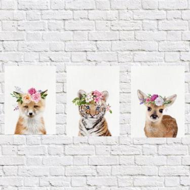 Imagem de Kit 3 Placas Decorativas Bichinhos Coroa 18x27cm