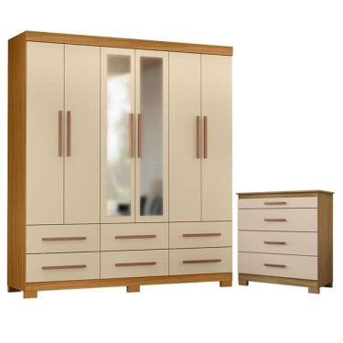 Imagem de Cômoda 4 Gavetas New e Guarda Roupa Casal New Kansas com Espelho Carvalho Americano Off White - Incorplac