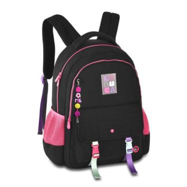 Imagem de Mochila Costas Lilás Preto Rosa Luluca Chaveiro Escolar Juvenil Menina