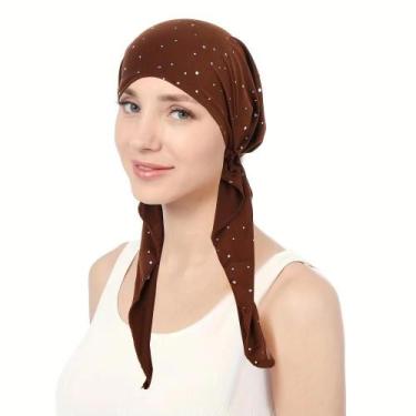Imagem de Touca Turbante Feminina Elástica Com Strass De Cor Sólida, Gorro Casua