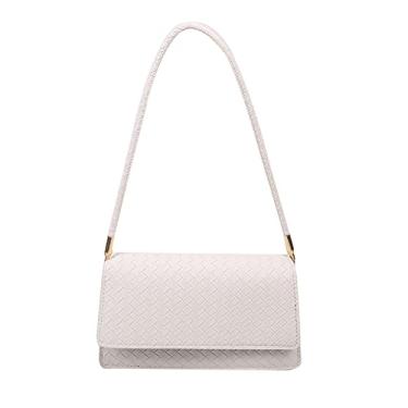 Imagem de Bolsa feminina de ombro de couro com aba moderna casual bolsa de axilas retrô clássica elegante bolsa de mão, Branco