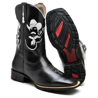 Imagem de Bota Texana Masculina Couro Cano Alto Bordado Bico Fino