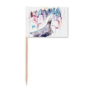 Imagem de Marcador de palito em aquarela para decoração de festa com luzes de rua e construção urbana