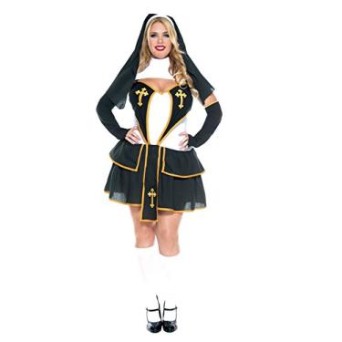 Imagem de Music Legs Freira sedutora feminina plus size, Preto/branco/dourado, 1X/2X