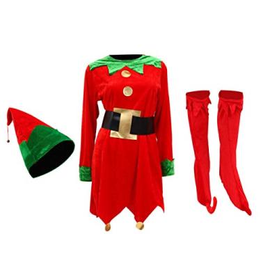 Imagem de GALPADA 1 Set Elf Skirt Holiday Costume Hat Halloween Elf Costume Elf Cosplay Costume Jingle Bell Miss Claus Outfit Masquerade Party Dress Party Skirt Polyester Christmas Clown Suit