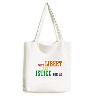 Imagem de Bolsa de lona LGBT com bandeira de arco-íris liberdade e justiça, bolsa de compras casual