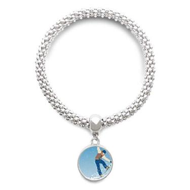 Imagem de DIYthinker Pulseira de prata com pingente de prata para esportes de inverno, esqui, salto, pulseira ajustável