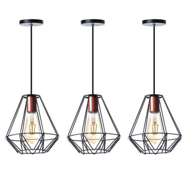 Imagem de Kit 3 Lustre Pendente Interno Aramado Cristal 24Cm Preto