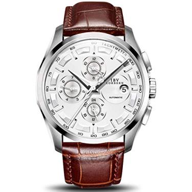 Imagem de MASTOP Swiss Brands Relógio masculino automático de aço inoxidável com pulseira de couro genuíno marrom, Prata, Cronógrafo, mecânico