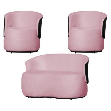 Imagem de Kit 1 Namoradeira e 2 Poltronas Decorativa Orgânica Beatriz Suede Composê Corino Marrom - Estopar