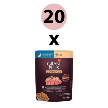 Imagem de KIT 20 Ração Úmida Gran Plus Gourmet Gatos Adultos Castrado Frango Sachê 85g