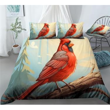 Imagem de Jogo de cama cardeal de pássaros coloridos cardeais, 7 peças, flores em cor de primavera, incluindo 1 lençol com elástico + 1 edredom + 4 fronhas + 1 lençol de cima (A, cama queen em uma bolsa - 7