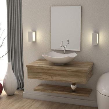 Imagem de Conjunto Bancada para Banheiro com Cuba Abaulada L42 e Prateleira Metrópole 805W Compace Carvalho