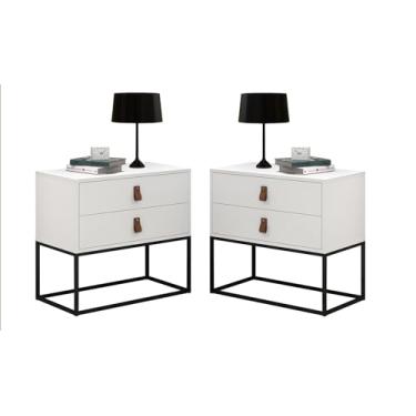 Imagem de Kit 2 Mesas De Cabeceira Moderno Estilo Americano 2 Gavetas Com Puxadores De Couro Cor:Branco