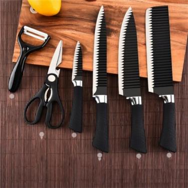 Imagem de Kit 6 Facas Conjunto de Facas Carne Cutelo Legumes Aço Carbono Descascador Tesoura Profissional