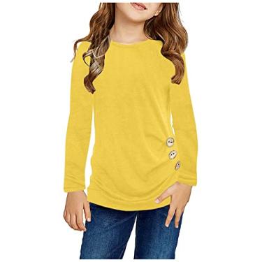 Imagem de Tops para meninas adolescentes para inverno cor sólida botão casual túnica tops manga longa solta gola redonda camisas quentes, Amarelo, 12-13 Years