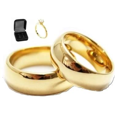Imagem de Alianças Par 8mm Italianas Anatomicas Banhadas a Ouro 24k com Anel Solitario e Caixa de Veludo Premium Casamento Noivado Namoro