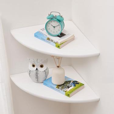 Imagem de Prateleira de canto, prateleira de canto flutuante branca, conjunto de 2 prateleiras de parede de madeira de carvalho maciço de 25 cm, suporte de parede de extremidade redonda com orifício de arame