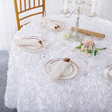 Imagem de QueenDream Toalha de mesa de casamento branca redonda com roseta de 152 cm para decoração de mesa de jantar