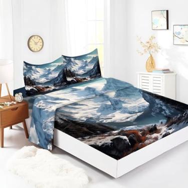 Imagem de Bhoyctn Jogo de lençol King com 4 peças Snow Mountain, azul, lençol de cima estampado com bolso profundo de 40,6 cm, 100% microfibra, ultramacio e agradável à pele