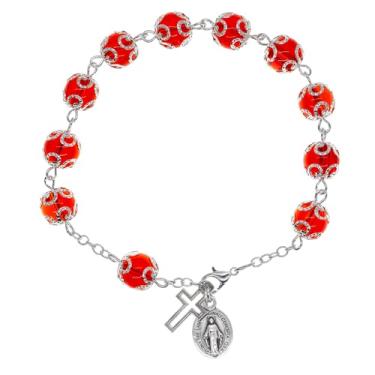 Imagem de Pulseira da década do terço | Contas de vidro em corrente prateada | Medalha milagrosa e pingentes de cruz | Ótimo presente católico para a primeira comunhão e confirmação, Medium, Vidro, Sem pedras