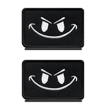 Imagem de 2 peças preto mal rosto feliz tático engraçado bordado gancho e laço aplique emblema patch para bonés, bolsas, mochilas, roupas, colete, viagem, motociclista, tático, militar