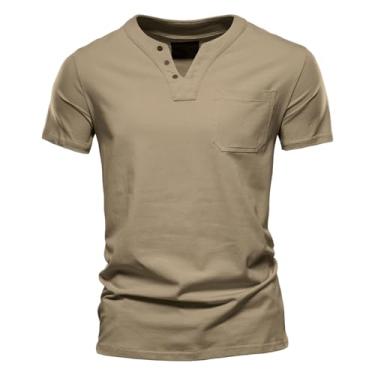 Imagem de Oymyakon Camisetas masculinas Henley manga curta gola V algodão casual camiseta moda verão, Caqui, G