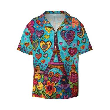 Imagem de IYOVI Camisa havaiana masculina com estampa de golfinho de manga curta solta Cuba camisa de praia de verão com botões, Torre Eiffel colorida, GG