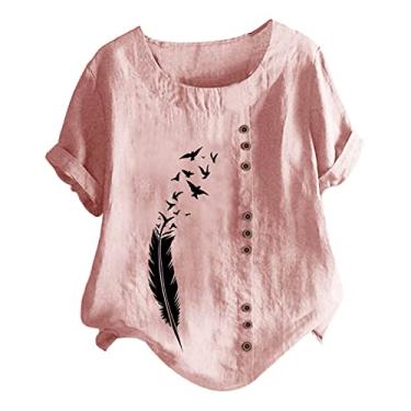 Imagem de Camiseta feminina de linho com estampa de penas de manga curta, caimento solto, gola redonda, casual, confortável, rosa, P