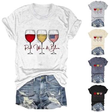 Imagem de Camisetas femininas com bandeira americana vermelha, branca e azul, camisetas de verão, 4 de julho, taça de vinho, túnica, manga curta, Branco, XXG