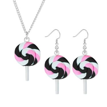 Imagem de Dreuyet Conjunto de colar de brincos de pirulito colorido arco-íris para mulheres meninas conjunto de joias de pirulito de argila macia bonito feito à mão redondo espiral pirulito colar engraçado de