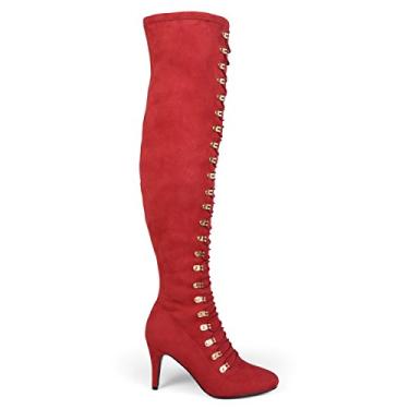 Imagem de Brinley Co. Botas femininas de cano m dio e largo com bico de am ndoa vintage acima do joelho, Vermelho, 7.5