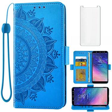 Imagem de Asuwish Compatível com Samsung Galaxy A6 Plus/J8 2018 2018, protetor de tela de vidro temperado, suporte para cartão de crédito, alça de pulso, suporte para celular para Gaxaly A6+ A6Plus 6A + azul