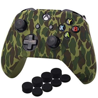 Imagem de YoRHa Capa de silicone camuflada com impressão de transferência de água para controle Microsoft Xbox One X e Xbox One S x 1 (floresta) com 8 apoios de polegar Pro