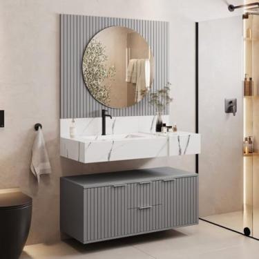 Imagem de Conjunto Para Banheiro Bancada Em Porcelanato Com Cuba Esculpida, Armário e Espelho Ripy 100cm Cinza