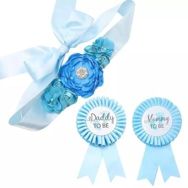 Imagem de 3 peças, 2 emblemas e um cinto azul, conjunto de faixa de maternidade azul bebê e papai para ser corsage - faixa de chá de bebê menino faixa de gravidez lembrança de chá de bebê flor cinto de barriga
