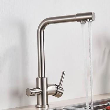 Imagem de Torneira de cozinha com filtro, torneira de cozinha com água potável, montada no deck, duas alças, misturador de água quente e fria, níquel escovado
