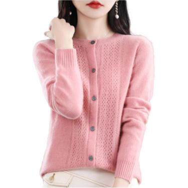 Imagem de Suéteres cardigã primavera e outono vazados de lã cardigã feminino com gola redonda suéter de caxemira tricotado sem costura camisa de fundo torre externa, rosa, XXL
