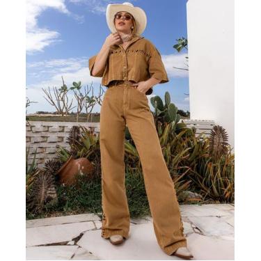 Imagem de Calça sarja wide leg feminina cintura alta entrelaçada 24304 - CONSCIÊ