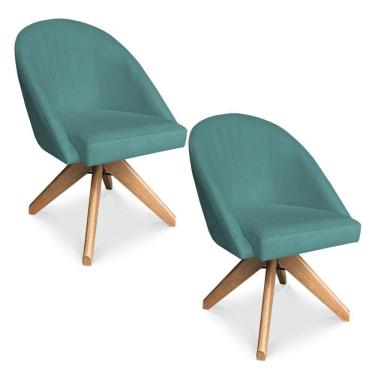 Imagem de Kit 02 Poltronas Cadeira Giratória Bela Suede Base De Madeira - Pallazio Azul Turquesa