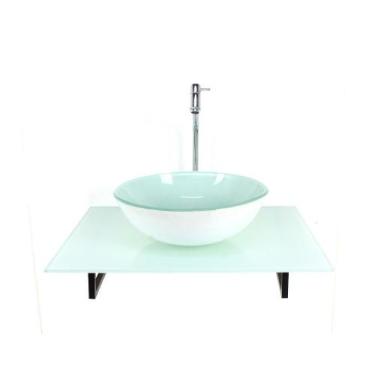 Imagem de Kit cuba de vidro redonda com tampo 60cm branco full e suporte preto -