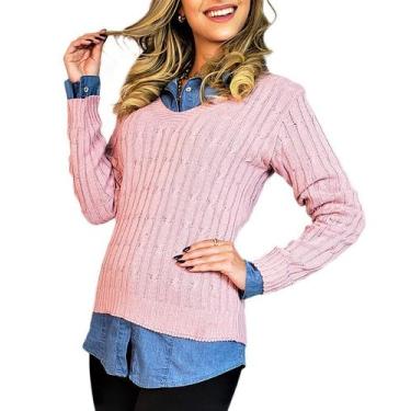 Imagem de Blusa Suéter Feminino Tricot Gola V Outono Inverno - EUC STORE, Rosê, 