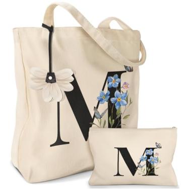 Imagem de Miss Adola Sacola de lona estética pacote com 2 - com bolsa de maquiagem para mulheres, bolsa de compras reutilizável para academia, viagens, trabalho, Letra M, One Size