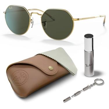 Imagem de Ray-Ban RB3565 JACK Óculos de sol de formato redondo com kit de óculos – protetores de nariz ajustáveis – Óculos de sol retrô, Armação dourada polida | Lente verde, 53mm