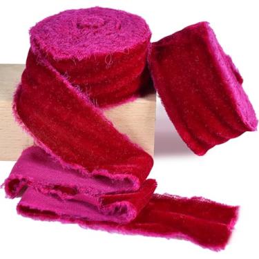 Imagem de RIBBOOO 2 rolos de fita de veludo rosa choque 3,8 cm feito à mão franja de seda desgastada fita de veludo de seda com borda crua para grinaldas, buquê de flores, faixa de vestido de chá de bebê,